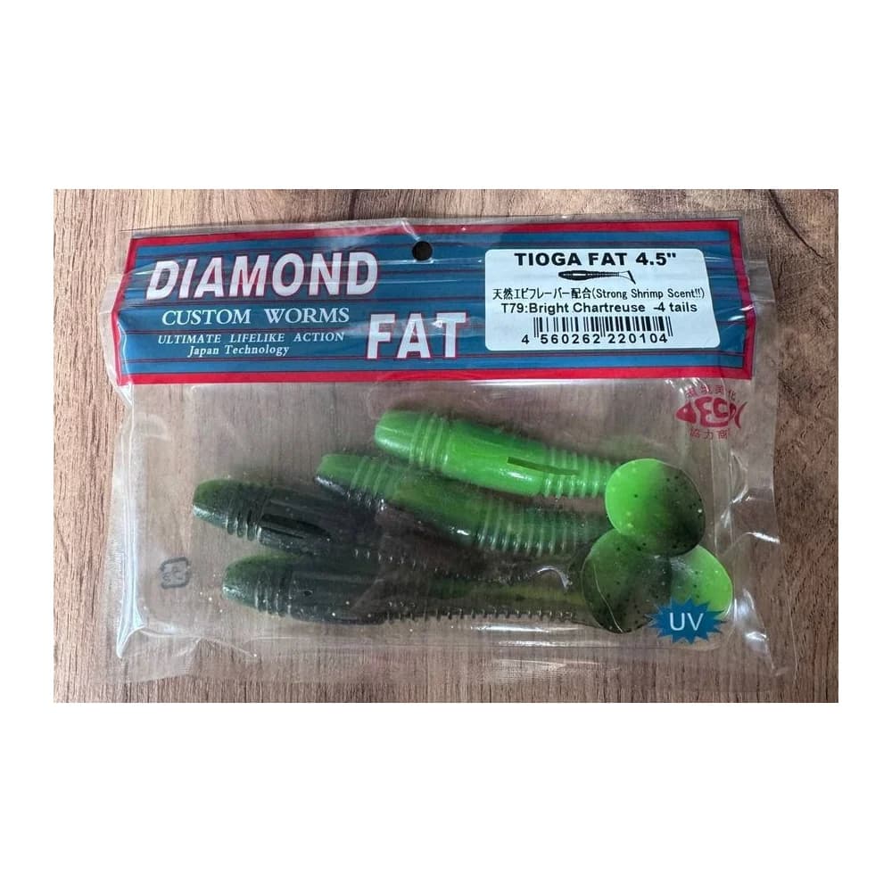 Мягкие приманки DIAMOND CUSTOM WORMS TIOGA FAT 4.5" T79: Bright Chartreuse - 4 tails — улучшенное фото