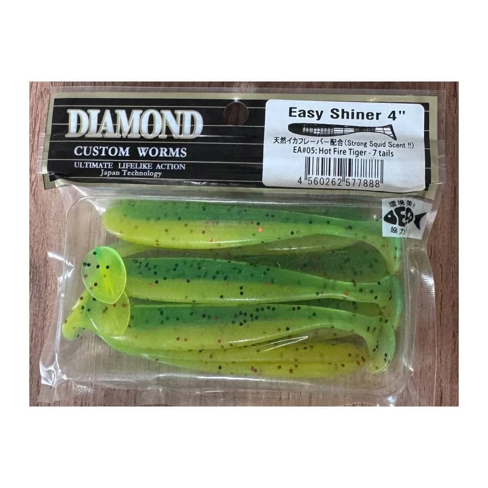 Мягкие приманки DIAMOND CUSTOM WORMS Easy Shiner 4" EA#05: Hot Fire Tiger - 7 tails — улучшенное фото
