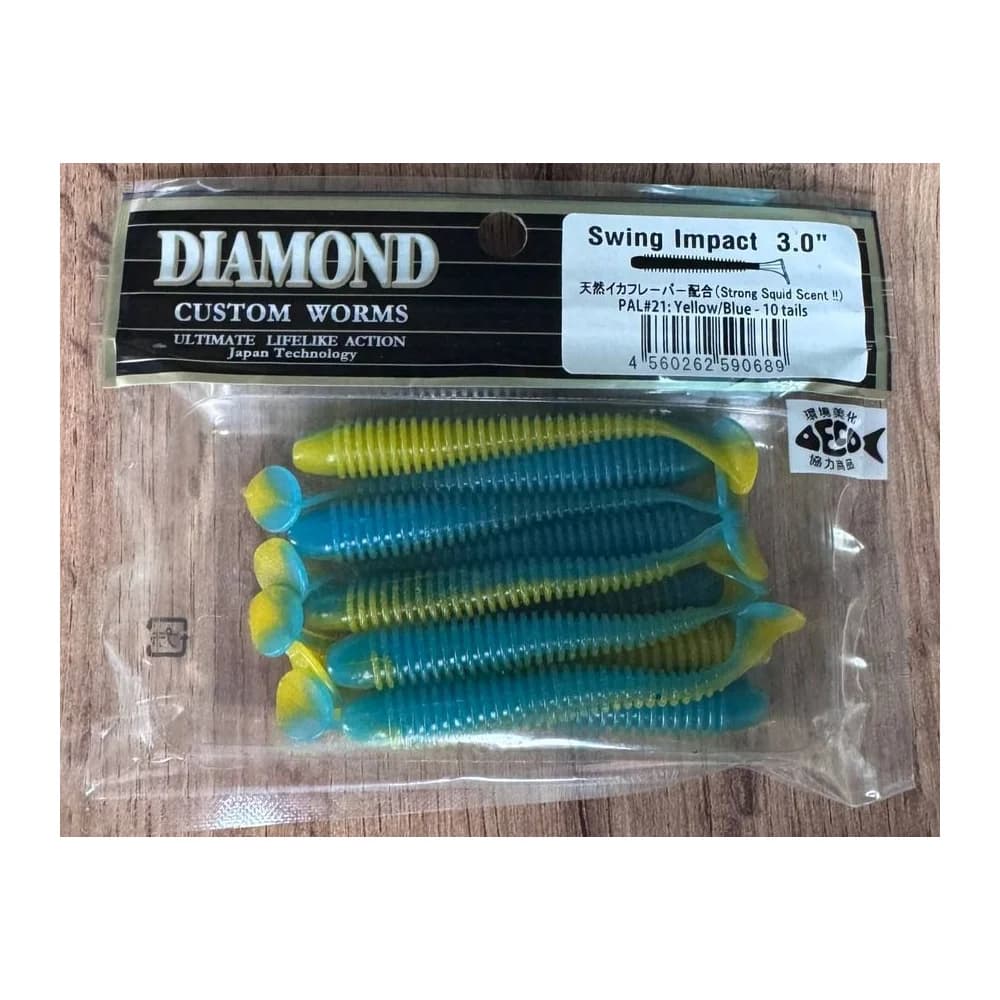Мягкие приманки DIAMOND CUSTOM WORMS Swing Impact 3.0" PAL#21: Yellow/Blue - 10 tail — улучшенное фото