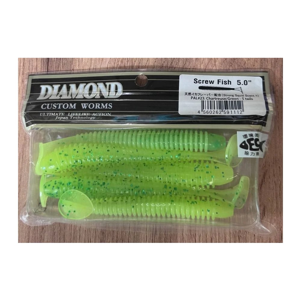 Мягкие приманки DIAMOND CUSTOM WORMS Screw Fish 5.0" PAL#23: Chartreuse/Green - 5 tails — улучшенное фото