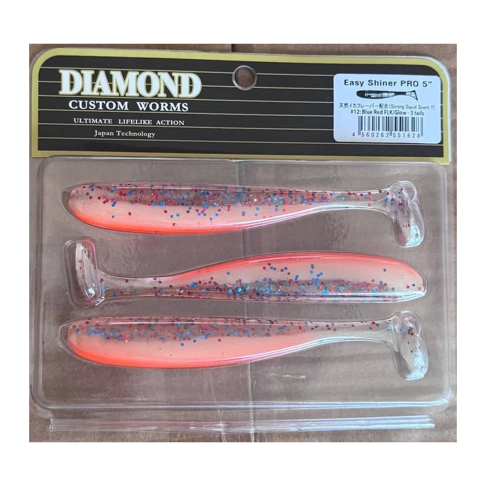 Мягкие приманки DIAMOND CUSTOM WORMS Easy Shiner PRO 5" #12: Blue Red FLK/Glow - 3 tails — улучшенное фото