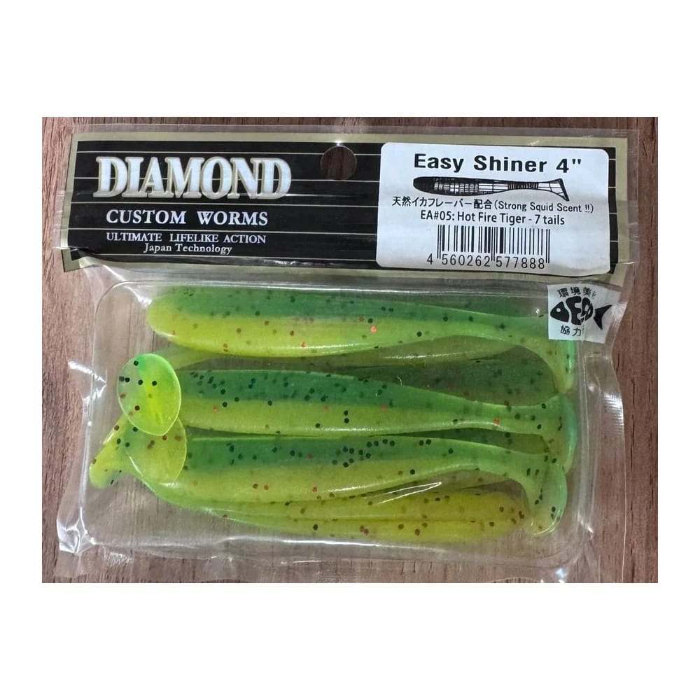 Мягкие приманки DIAMOND CUSTOM WORMS Easy Shiner 4" EA#05: Hot Fire Tiger - 7 tails — улучшенное фото
