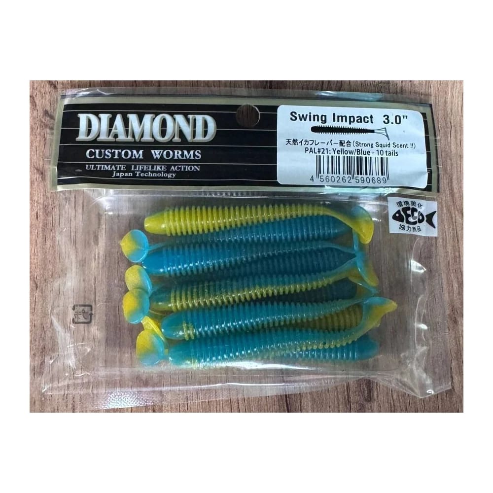 Мягкие приманки DIAMOND CUSTOM WORMS Swing Impact 3.0" PAL#21: Yellow/Blue - 10 tail — улучшенное фото