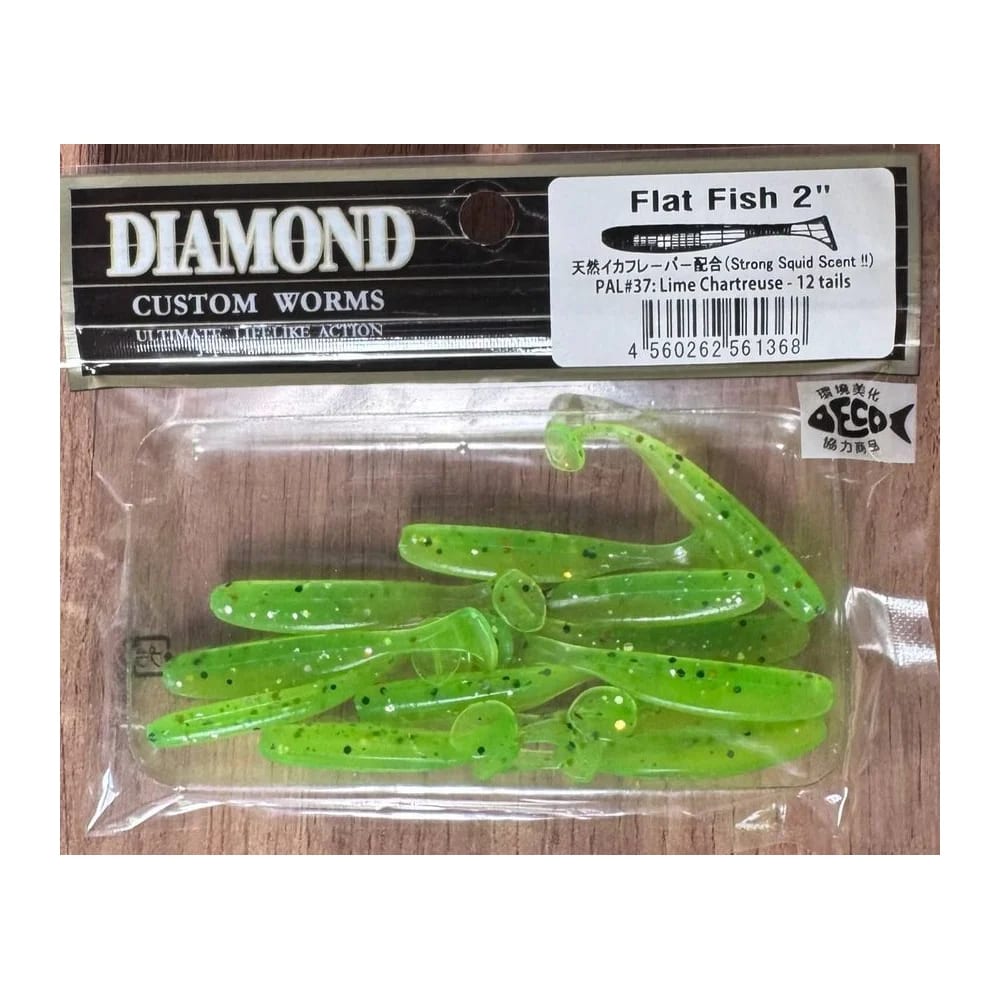 Мягкие приманки DIAMOND CUSTOM WORMS Flat Fish 2" PAL#37: Lime Chartreuse - 12 tails — улучшенное фото